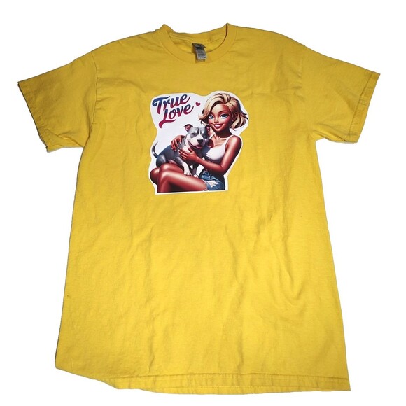 True Love T Shirt Bright Yellow Tee Pit Bull And Girl Sz.M Gildan Custom Made - Picture 1 of 5